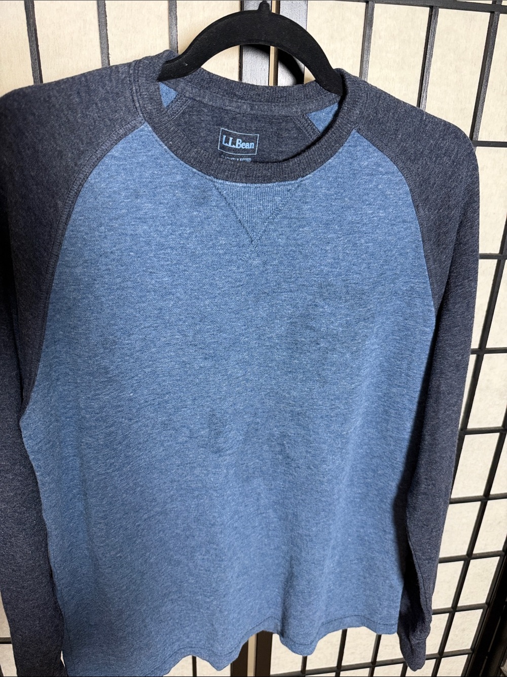 L.L. Bean Men's Two-Tone Raglan Sweatshirt in Blue and Charcoal